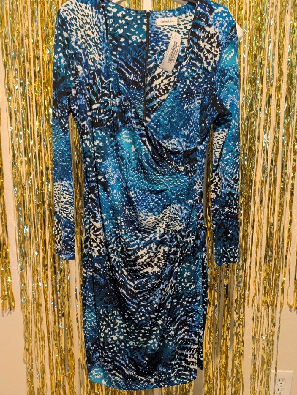 🔥Calvin Klein Blue Multi-Print Long Sleeve Wrap Dress, Size 12
